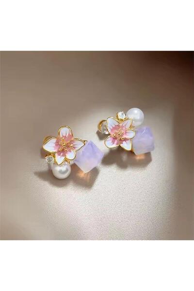 Pelin Aksesuar Çiçekli Pembe Küp Taşlı Küpe