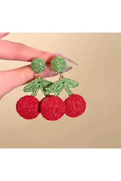 Pelin Aksesuar Red Wicker String Cherry Earrings