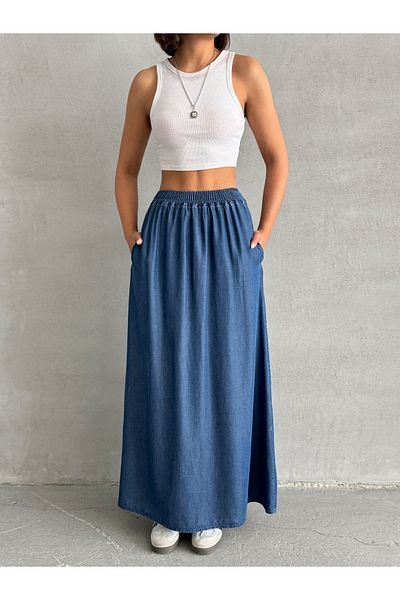 Miss Prova Fusta lungă de vară albastră din denim cu talie elastică MISSETK948