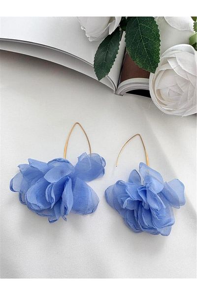 Pelin Aksesuar Blue Organza Fabric Long Flower Earrings
