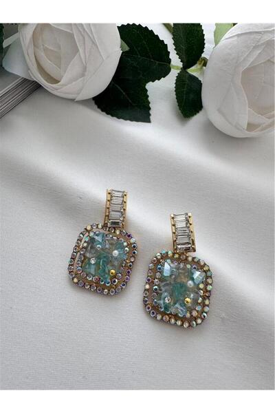 Pelin Aksesuar Mavi Kristal Dolgulu Baget Taşlı Küpe