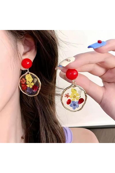 Pelin Aksesuar Red Vivid Flower Earrings