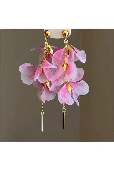Pelin Aksesuar Pink Organza Fabric Long Earrings