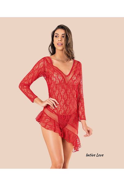 İntive Lingerie Moongirl Asymmetrical Cutout See Through Full Ruched μακρυμάνικο μίνι νυχτικό/Babydoll