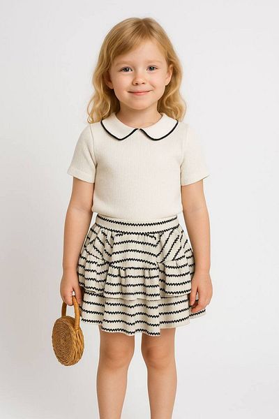 Karan Kids Girl's Cotton Thin Knitwear Skirt and Baby Collar Corded Blouse Set