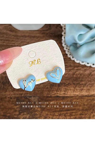 Pelin Aksesuar Mavi Love Yazılı Kalp Küpe