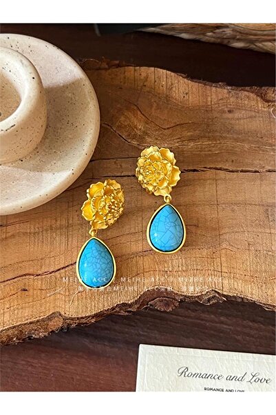 Pelin Aksesuar Turkuaz Damla Taşlı Gold Çiçek Küpe