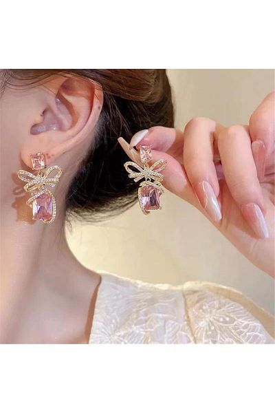 Pelin Aksesuar Stylish Bow Earrings with Pink Stones