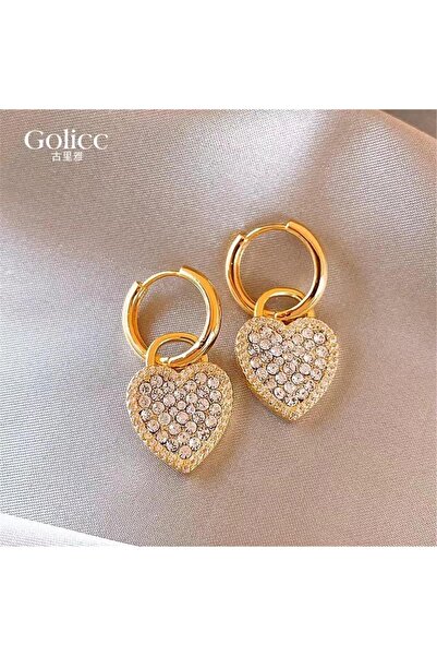 Pelin Aksesuar Gold Taşlı Kalp Halka Küpe