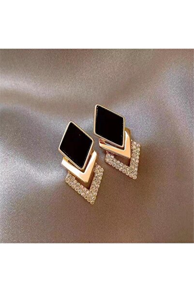 Pelin Aksesuar Siyah Gold Dörtgen Küpe