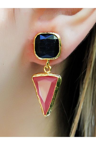 esha Square Triangle Model Cat's Eye Glass Gold Plated Women's Earrings Euku24Sp