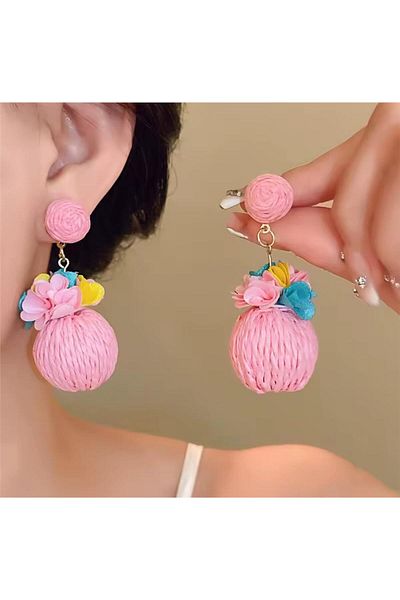 Pelin Aksesuar Pink Wicker Ball Beaded Earrings