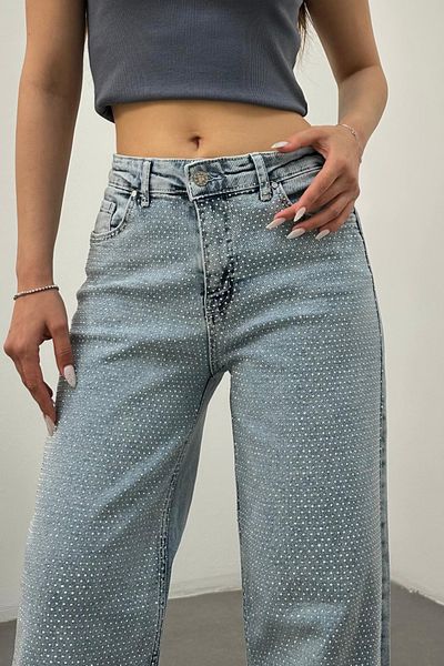 BİKELİFE Women's Ice Blue High Waist Mini Stone Lycra Straight Jeans