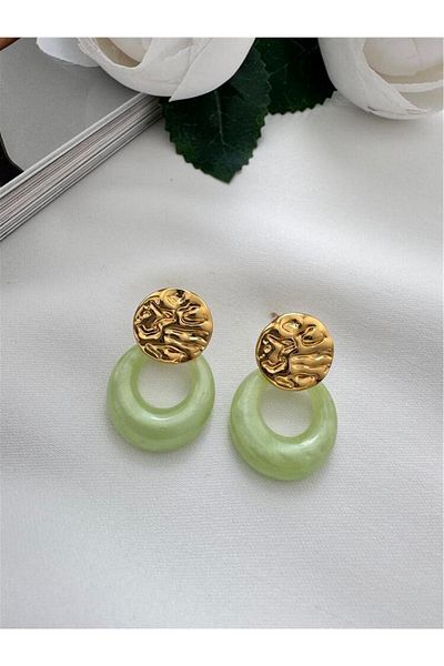 Pelin Aksesuar Gold Steel Earrings with Green Circle Stone