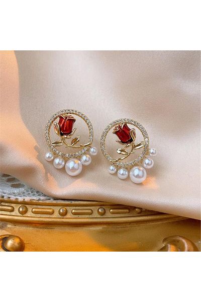 Pelin Aksesuar Pearl Red Tulip Earrings