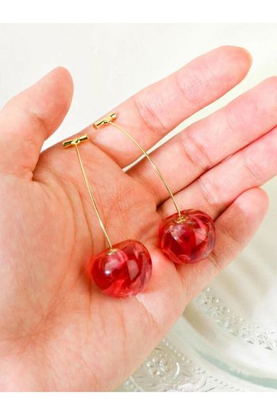 SYGGY Cherries earrings, bright pink cherry pattern, transparent with inserts, Syggy