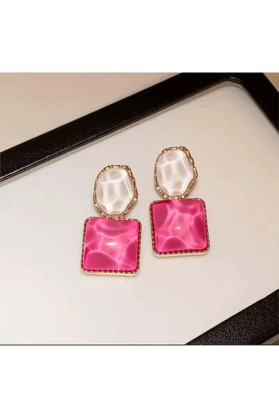 Pelin Aksesuar Fuchsia Pink Gem Square Circle Earrings