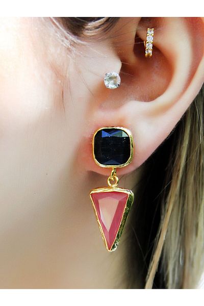 esha Square Triangle Model Cat's Eye Glass Gold Plated Women's Earrings Euku24Sp