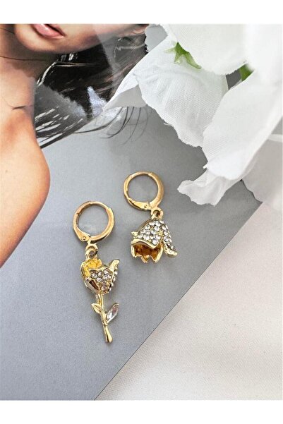 Pelin Aksesuar Gold Taşlı Asimetrik Lale Küpe