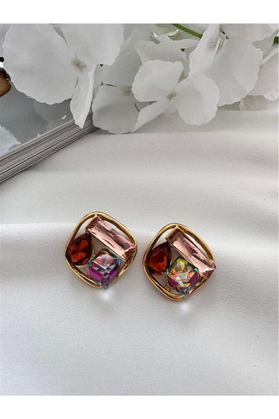 Pelin Aksesuar Beige Janjan Stone Square Steel Earrings