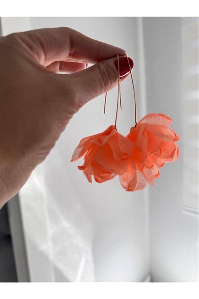 Pelin Aksesuar Orange Organza Fabric Long Flower Earrings
