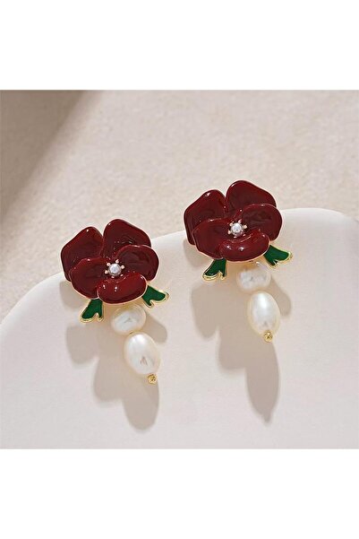 Pelin Aksesuar Bordo İncili Çiçek Küpe