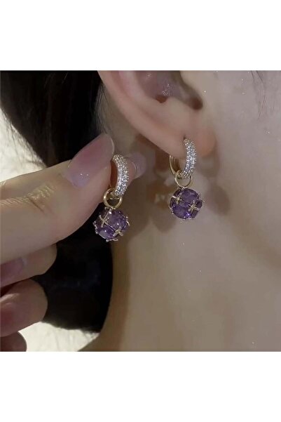 Pelin Aksesuar الأرجواني كريستال الأقراط السائبة