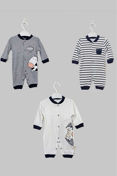 GüneşIşığı Baby Boy Cow Printed Jumpsuit with Cuffs 3 Pieces