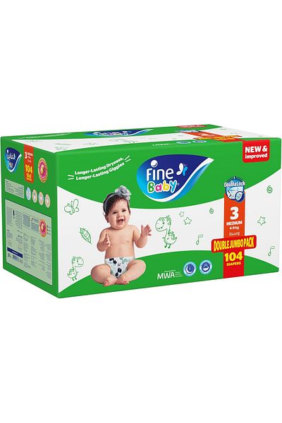 Fine Baby Fine Baby Double Lock, Size 3, Medium, 4-9 kg, Giant Saver Box, 104 Diapers
