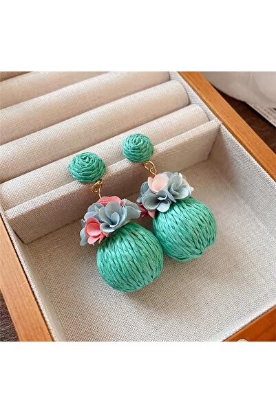 Pelin Aksesuar Min Yeşil Hasır Top Küpe