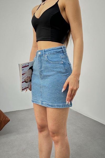 BİKELİFE Women's High Waist Diamond Stone Mini Jeans Denim Skirt