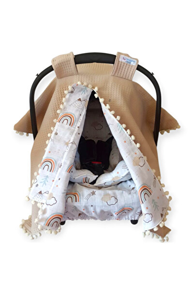 Birmelek غطاء عربة أطفال من الموسلين ذو طبقة مزدوجة منقوشة على الوجهين - وسادة - غطاء