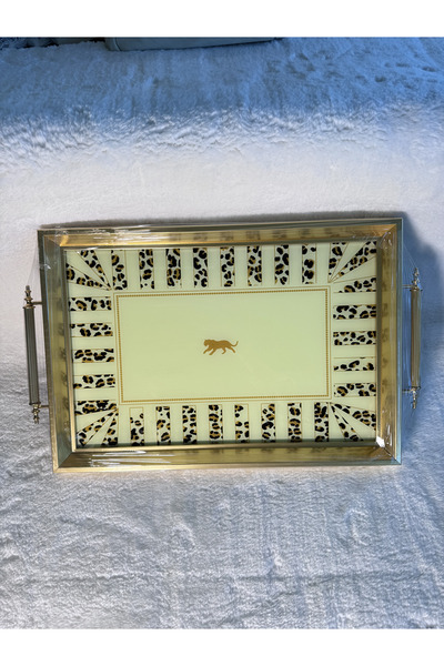 Glow Ay Lüks 6 Kişilik Ahşap Çerçeveli Çay Ve Kahve Sunum Tepsisi, Leopar Desenli Tepsi