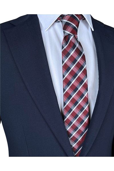 1001 Kravat Claret Red Plaid Patterned 7 cm Wide Thin Tie