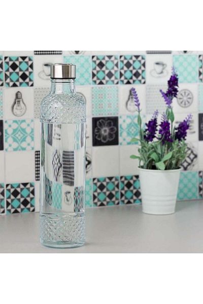 bebelyno Glass Water Bottle with Diamond Pattern and Metallic Screw Cap, 1L