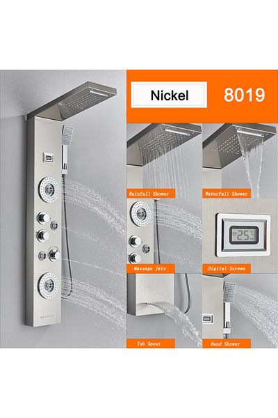 Blackswan Design Shower panel, Blackswan, Type M8019 nickel LED, digital display, waterfall spout and SPA functions, 114 cm