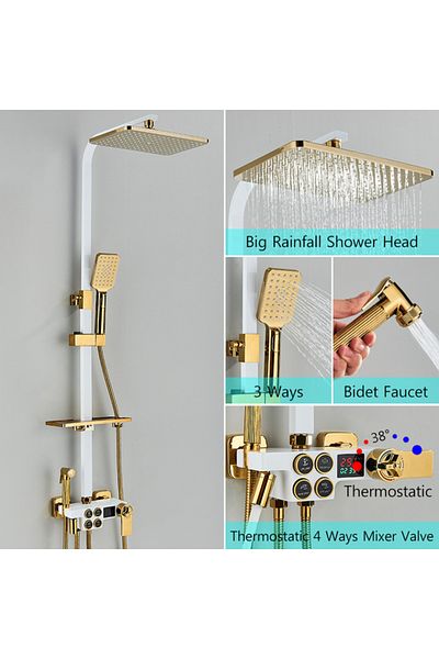 Blackswan Design Shower column, Blackswan, Type M141, white/gold adjustable, thermostat, pressure shower, digital display, 110 cm