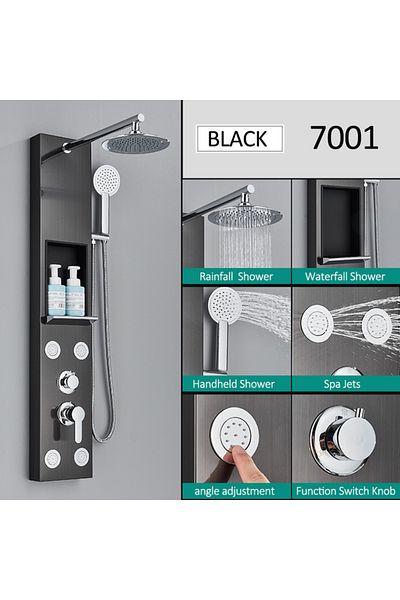 Blackswan Design Shower panel, Blackswan, Type M7001 black model with shower head, storage shelf and SPA functions, 111 cm