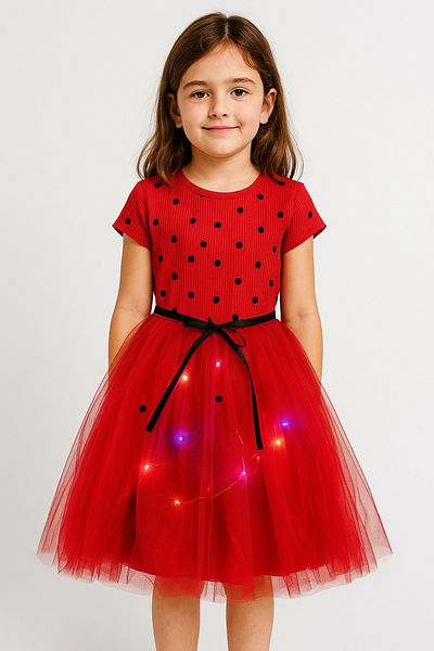 Beryka Ladybug Patterned Girl's Tutu Dress with Led Lights – Lined, Fun Model