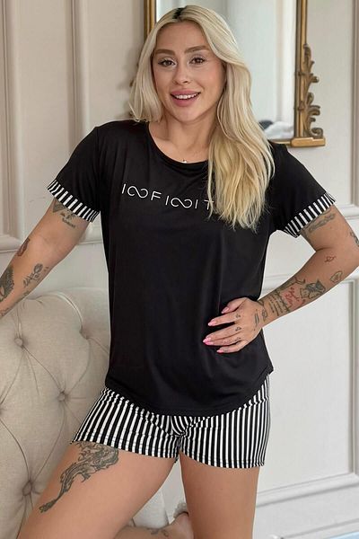 Pijamaevi Black Infinity Patterned Bamboo Short Sleeve Shorts Women's Pajama Set