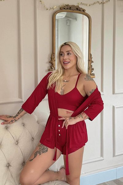 Pijamaevi Claret Red Dublin Bustier Women's Pajama Set with Dressing Gown