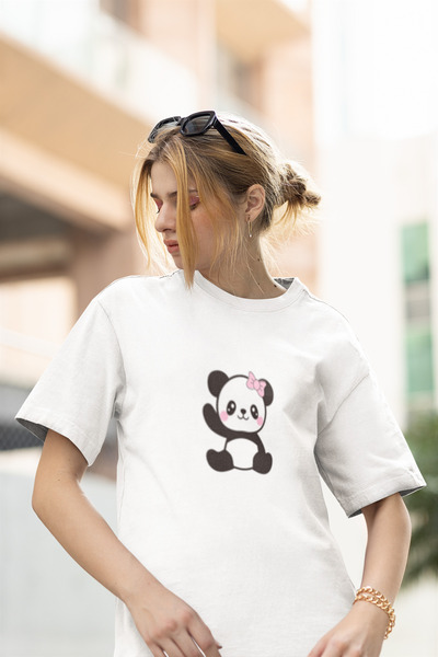 MG تي شيرت نسائي مطبوع عليه باندا برقبة دائرية من القطن مقاس كبير وأكمام قصيرة