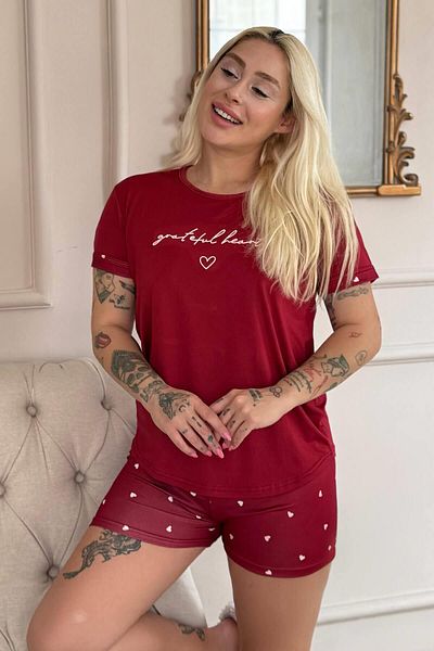 Pijamaevi Burgundy Grateful Heart Patterned Bamboo Short Sleeve Women's Shorts Pajama Set