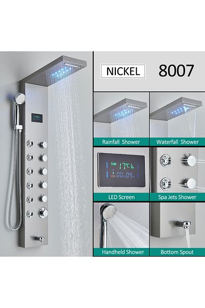 Blackswan Design Panel dus, Blackswan, Tip M8007, model nichel cu pipa, afisaj digital, LED si functii SPA, 126 cm