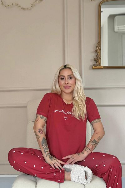 Pijamaevi Set de pijamale pentru femei cu mânecă scurtă din bambus cu model Grateful Heart Burgundy