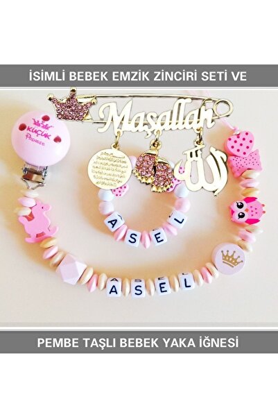 Sahi Aksesuar Isimli Bebek Emzik Zinciri Seti Ve Pembe Taşlı Bebek Yaka Iğnes...