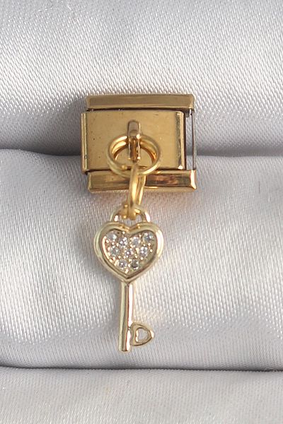 E BULURUM 316L Steel Gold Color Hanging Zircon Stone Heart Key Model Nomination Charm