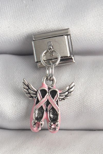 E BULURUM 316L Steel Silver Color Dangle Pink Winged Shoe Model Nomination Charm