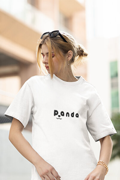 MG تي شيرت نسائي مطبوع عليه باندا برقبة دائرية من القطن مقاس كبير وأكمام قصيرة