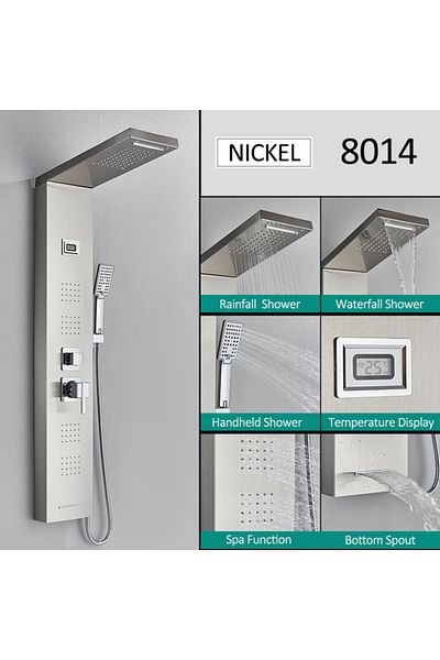 Blackswan Design Panou dus, Blackswan, Tip M8014 nichel, pipa tip cascada, afisaj digital, LED si functii SPA,114 cm